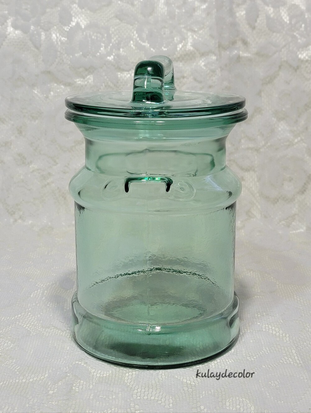 Vintage Green Glass Cookie Jar Canister Storage Jar w/ Lid Recycled Glass Style - Picture 4 of 16